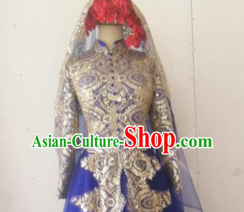 Chinese Traditional Wedding Garment Costumes Classical Embroidered Royalblue Dress Hui Ethnic Bride Clothing Chinese Traditional Wedding Garment Costumes Classical Embroidered Royalblue Dress Hui Ethnic Bride Clothing