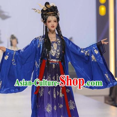China Ancient Palace Princess Blue Hanfu Dress Garments Traditional Tang Dynasty Court Beauty Dance Clothing