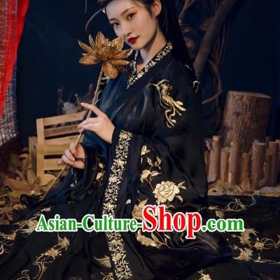 China Traditional Jin Dynasty Imperial Concubine Historical Clothing Ancient Palace Lady Embroidered Black Hanfu Dress Garments for Women