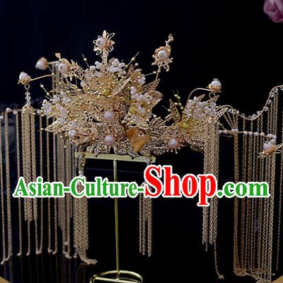Chinese Xiuhe Suit Golden Tassel Hair Crown Classical Bride Phoenix Coronet Headdress Traditional Wedding Hair Accessories