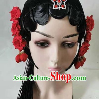 Chinese Beijing Opera Hua Tan Headwear Classical Dance Headdress Traditional Stage Performance Wigs Hair Accessories