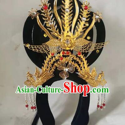 Chinese Beijing Opera Hua Tan Headdress Classical Dance Hair Accessories Traditional Stage Performance Wigs and Golden Phoenix Hair Crown