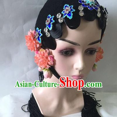 Chinese Traditional Stage Performance Wigs and Blueing Hairpins Beijing Opera Diva Headdress Classical Dance Hair Accessories