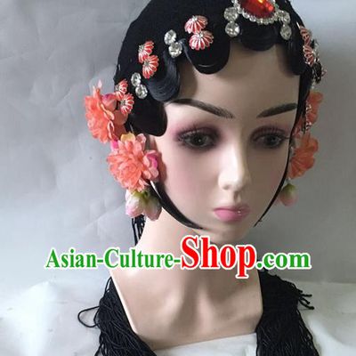 Chinese Classical Dance Hair Accessories Traditional Beijing Opera Actress Wigs and Red Hairpins Stage Performance Headdress