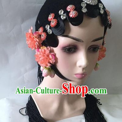 Chinese Stage Performance Headdress Classical Dance Hair Accessories Traditional Beijing Opera Actress Wigs and Red Hairpins