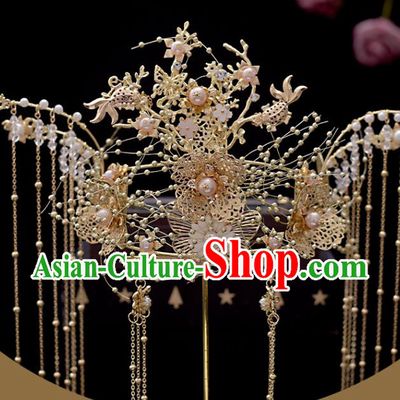 Chinese Classical Bride Phoenix Coronet Headdress Traditional Wedding Hair Accessories Xiuhe Suit Golden Hair Crown