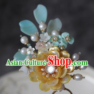 China Song Dynasty Young Beauty Shell Peony Hair Stick Traditional Hanfu Hair Accessories Ancient Princess Hairpin