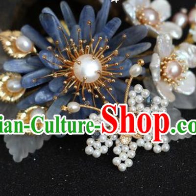 China Traditional Hanfu Hair Accessories Ancient Princess Blue Chrysanthemum Hairpin Ming Dynasty Pearls Hair Comb