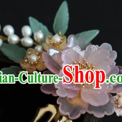 China Ming Dynasty Pink Flowers Hair Comb Traditional Hanfu Hair Accessories Ancient Princess Pearls Hairpin
