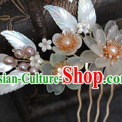 China Song Dynasty Palace Lady Shell Leaf Hair Comb Traditional Hanfu Hair Accessories Ancient Princess Pearls Hairpin