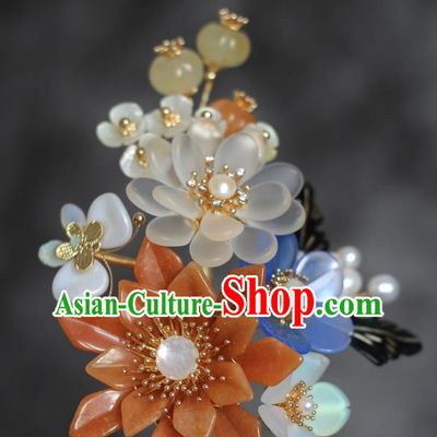 China Ming Dynasty Agate Lotus Hair Comb Traditional Hanfu Hair Accessories Ancient Princess Shell Jade Hairpin