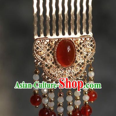 China Traditional Hanfu Headpiece Ancient Princess Tassel Hairpin Tang Dynasty Golden Hair Comb