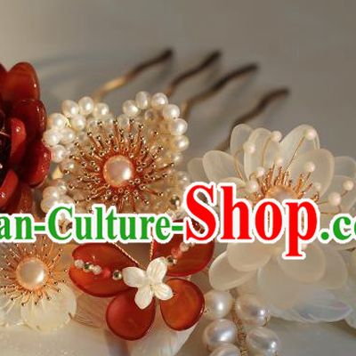 China Ancient Princess Agate Peony Hairpin Song Dynasty Pearls Hair Comb Traditional Hanfu Headwear