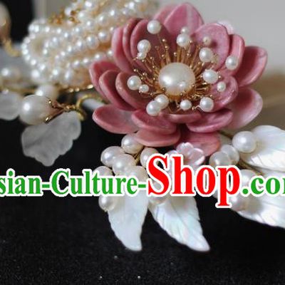 China Traditional Hanfu Headwear Ancient Princess Pearls Hairpin Song Dynasty Pink Peony Hair Comb