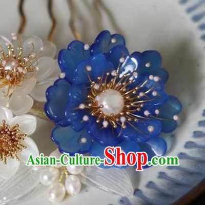 China Song Dynasty Blue Peony Hair Comb Traditional Hanfu Headwear Ancient Princess Pearls Hairpin
