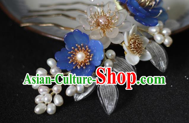 China Song Dynasty Blue Peony Hair Comb Traditional Hanfu Headwear Ancient Princess Pearls Hairpin China Song Dynasty Blue Peony Hair Comb Traditional Hanfu Headwear Ancient Princess Pearls Hairpin