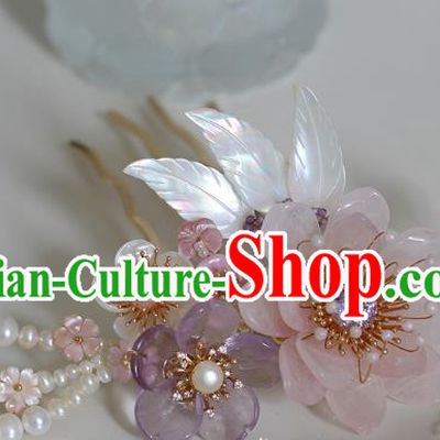 China Ancient Princess Rose Quartz Hairpin Ming Dynasty Palace Lady Shell Hair Comb Traditional Hanfu Hair Accessories