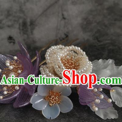 China Ancient Imperial Consort Pearls Hairpin Ming Dynasty Purple Flower Hair Comb Traditional Hanfu Hair Accessories