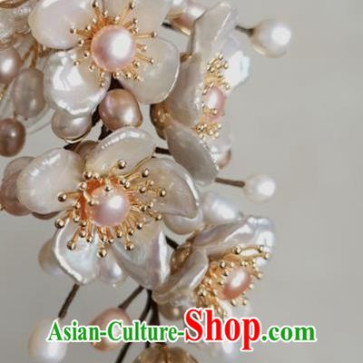 China Traditional Song Dynasty Hanfu Hair Accessories Ancient Court Woman Shell Plum Hairpin Handmade Pearls Hair Stick