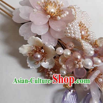 China Traditional Ming Dynasty Hanfu Hair Accessories Ancient Court Woman Rose Quartz Hairpin Handmade Pearls Hair Stick