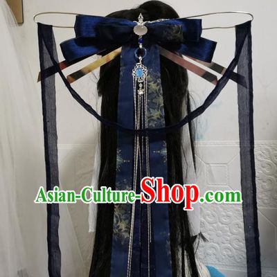 China Ancient Fairy Headdress Handmade Navy Ribbon Hair Comb Traditional Hanfu Cosplay Swordswoman Hair Accessories