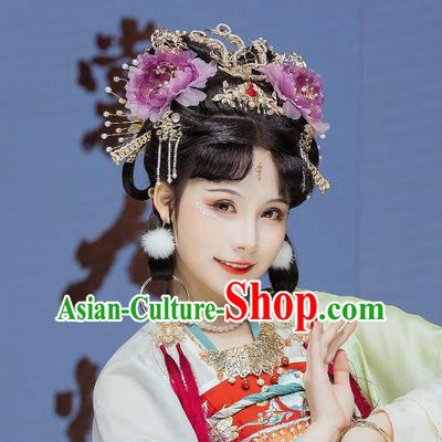China Tang Dynasty Hair Accessories Handmade Traditional Hanfu Golden Phoenix Hair Crown Ancient Princess Hairpin Complete Set
