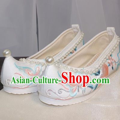 Chinese Traditional Hanfu Shoes Ancient Princess Shoes Ming Dynasty Embroidered Shoes Pearls Shoes