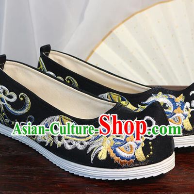 Chinese Black Satin Shoes Traditional Ming Dynasty Hanfu Shoes Ancient Princess Bow Shoes Embroidered Lion Shoes