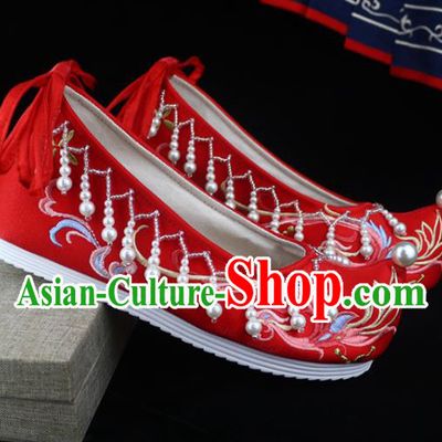 Chinese Wedding Embroidered Shoes Red Satin Shoes Traditional Ming Dynasty Hanfu Shoes Ancient Princess Bow Shoes