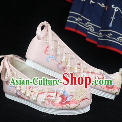 Chinese Ancient Princess Bow Shoes Embroidered Shoes Pink Satin Shoes Traditional Ming Dynasty Hanfu Shoes