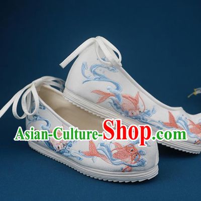 Chinese Handmade White Cloth Shoes Ancient Princess Hanfu Shoes Traditional Ming Dynasty Embroidered Carps Shoes