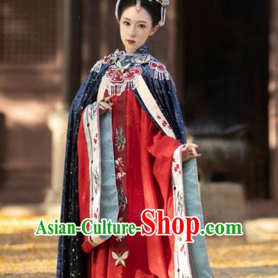 China Ancient Noble Woman Historical Clothing Traditional Hanfu Long Cloak Garment Ming Dynasty Imperial Consort Navy Cape