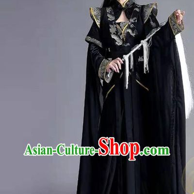 China Ancient Taoist Nun Garments Traditional Song Dynasty Black Hanfu Dress Cosplay Swordswoman Xuan Nv Clothing