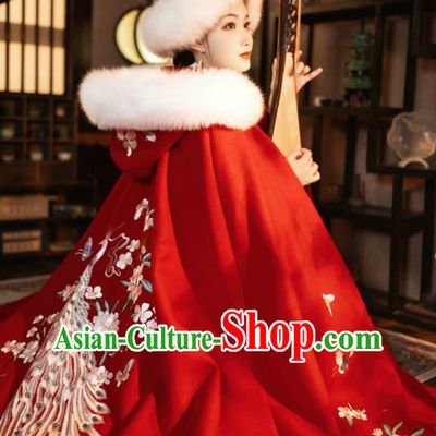 China Ancient Imperial Consort Red Hanfu Cape Traditional Ming Dynasty Court Woman Historical Clothing Embroidered Cloak Garment