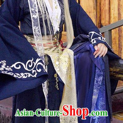 China Ancient Royal Highness Apparels Tang Dynasty Swordsman Garment Costumes Traditional Cosplay Dragon King Navy Hanfu Clothing