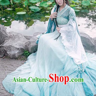 China Traditional Jin Dynasty Princess Blue Hanfu Dress Cosplay Swordswoman Clothing Ancient Water Goddess Garments