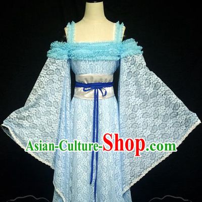 China Ancient Goddess Princess Garments Traditional Dance Blue Lace Hanfu Dress Cosplay Drama Seven Fairy Lan Er Clothing