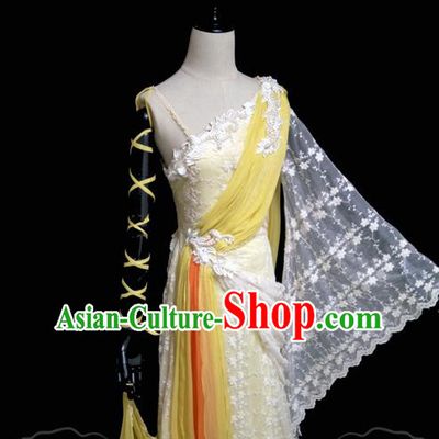 China Traditional Dance Performance Yellow Hanfu Dress Cosplay Drama Seven Fairy Huang Er Clothing Ancient Goddess Princess Garments