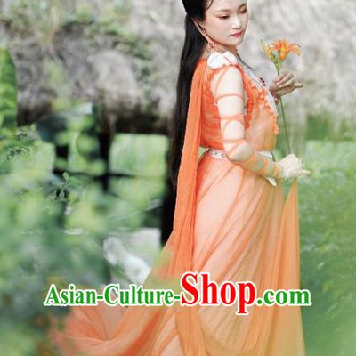 China Cosplay Drama Seven Fairy Cheng Er Clothing Ancient Goddess Princess Garments Traditional Dance Orange Hanfu Dress