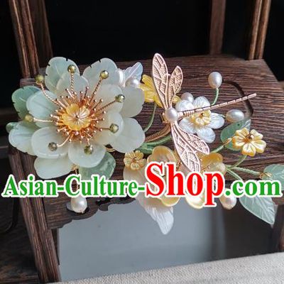 China Traditional Hanfu Jade Peony Hairpin Handmade Ancient Princess Hair Accessories Song Dynasty Palace Lady Shell Flowers Hair Stick