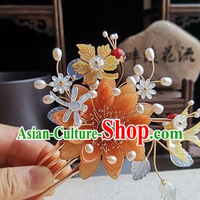 China Ming Dynasty Palace Lady Hair Comb Traditional Hanfu Hair Accessories Handmade Ancient Court Woman Agate Lotus Hairpin