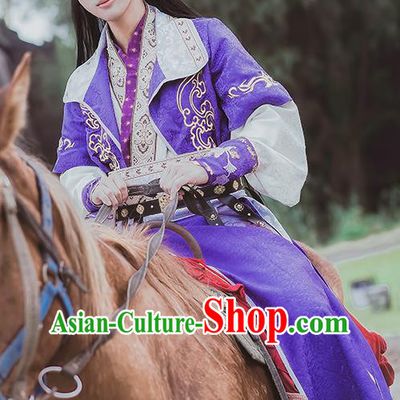 China Ancient Young Hero Apparels Jin Dynasty Childe Garment Costumes Traditional Cosplay Swordsman Purple Hanfu Clothing