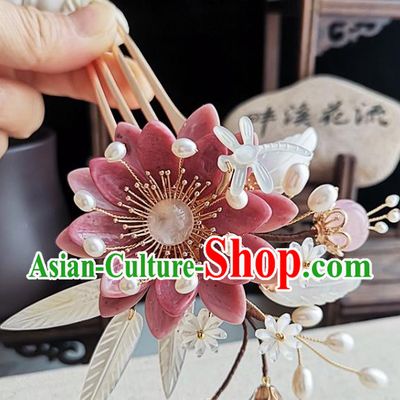 China Ming Dynasty Princess Shell Flowers Hair Comb Traditional Hanfu Hair Accessories Handmade Ancient Court Woman Pink Daisy Hairpin