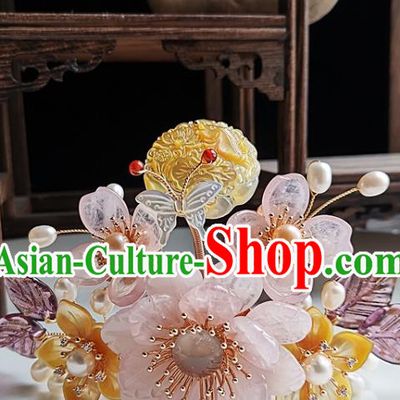 China Tang Dynasty Empress Shell Hair Crown Traditional Hanfu Hair Accessories Handmade Ancient Court Woman Rose Quartz Peony Hairpin