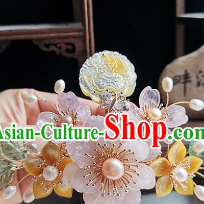 China Traditional Hanfu Hair Accessories Handmade Ancient Court Woman Rose Quartz Peony Hairpin Tang Dynasty Empress Shell Hair Comb