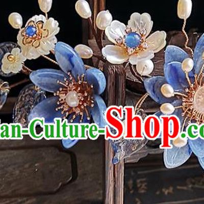 China Ming Dynasty Blue Daisy Hair Comb Traditional Hanfu Hair Accessories Handmade Ancient Palace Lady Shell Flower Hairpin