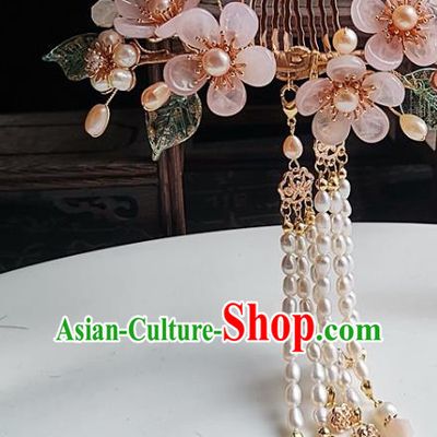 China Ming Dynasty Pink Plum Hair Comb Traditional Hanfu Hair Accessories Handmade Ancient Princess Pearls Tassel Hairpin