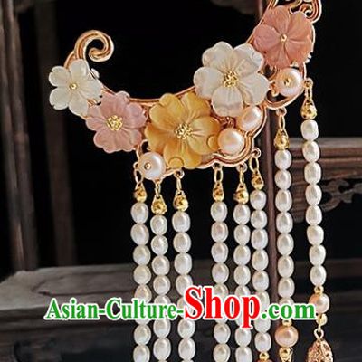 China Song Dynasty Court Woman Golden Hair Stick Traditional Hanfu Hair Accessories Handmade Ancient Empress Pearls Tassel Hairpin