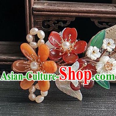 China Ming Dynasty Agate Flowers Hair Comb Traditional Hanfu Hair Accessories Handmade Ancient Imperial Concubine Shell Butterfly Hairpin