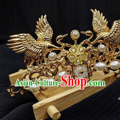 China Ming Dynasty Golden Cranes Hair Crown Traditional Hanfu Hair Accessories Handmade Ancient Empress Pearls Hairpin